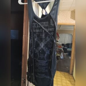 Salvage Black Satin Shimmery Graphic Rhinestone Mini Dress With Lace-Up Side. XS